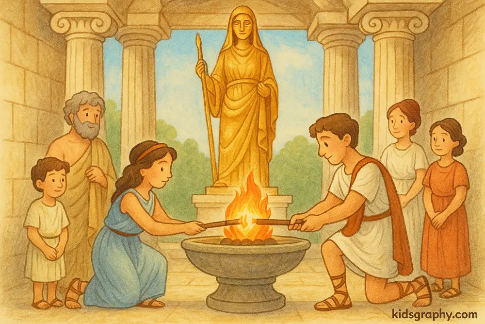 Ancient Greeks worshiping Hestia in a temple with sacred fire.